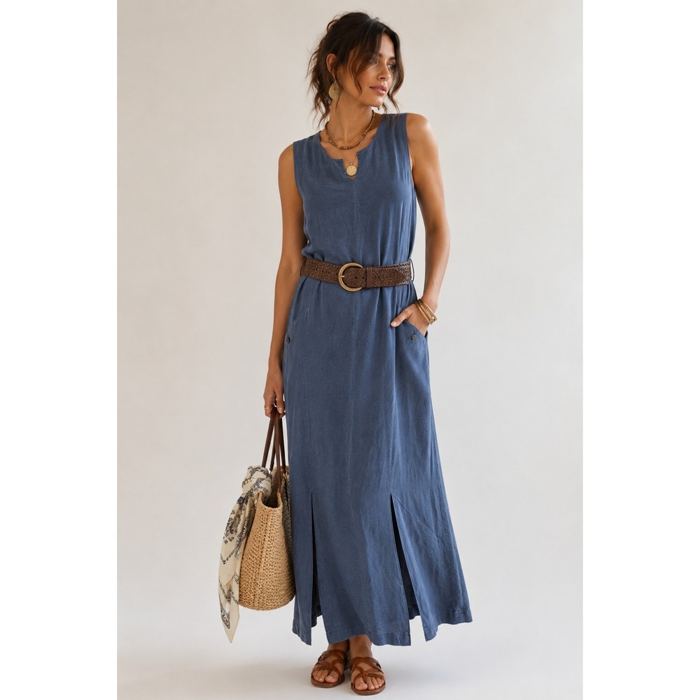 REI Blue Rayon Linen Blend Sleeveless Maxi Dress L Pockets Travel Resort Casual - Picture 1 of 9